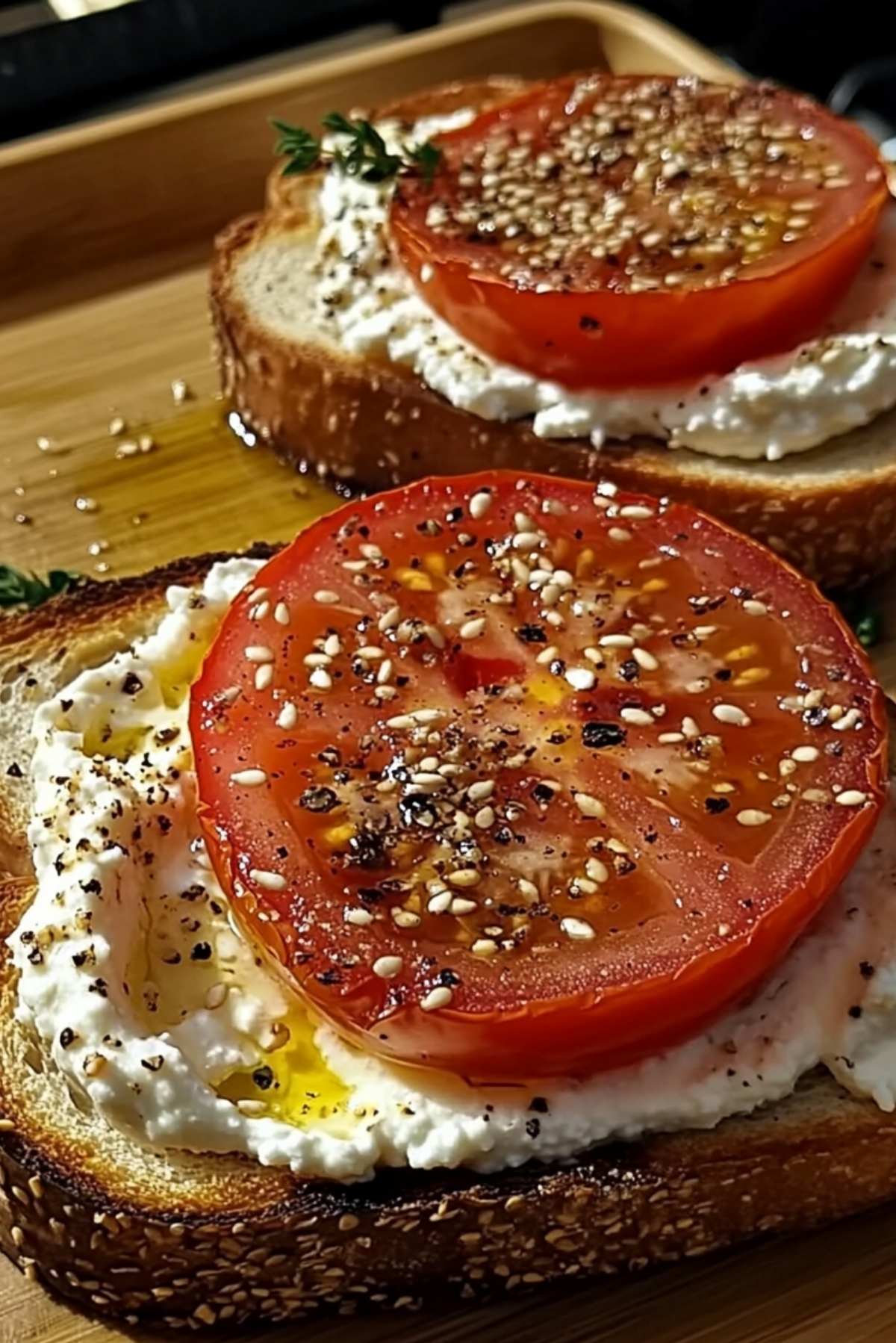 Ricotta & Tomato Toast with Sesame Seeds & Olive Oil