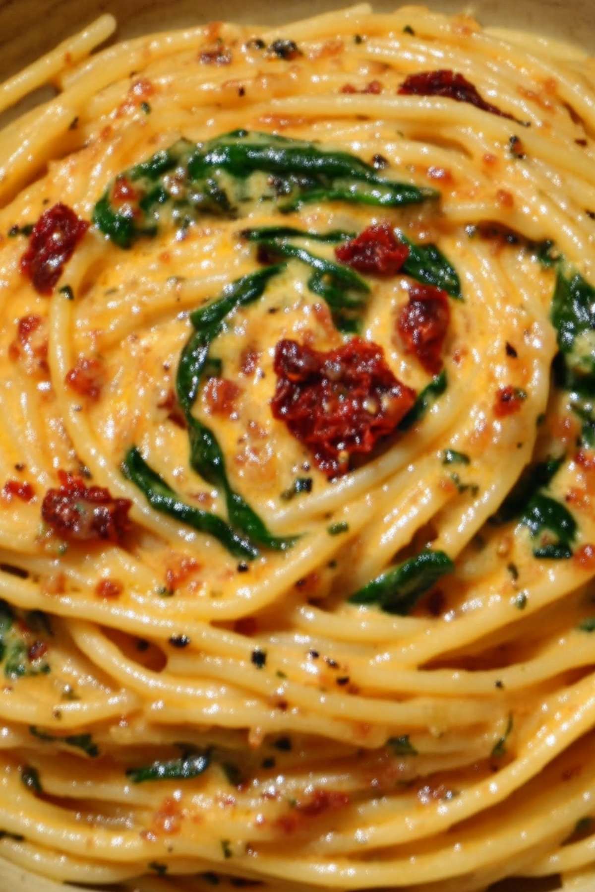 Spaghetti & Spinach with Sun-Dried Tomato Cream Sauce