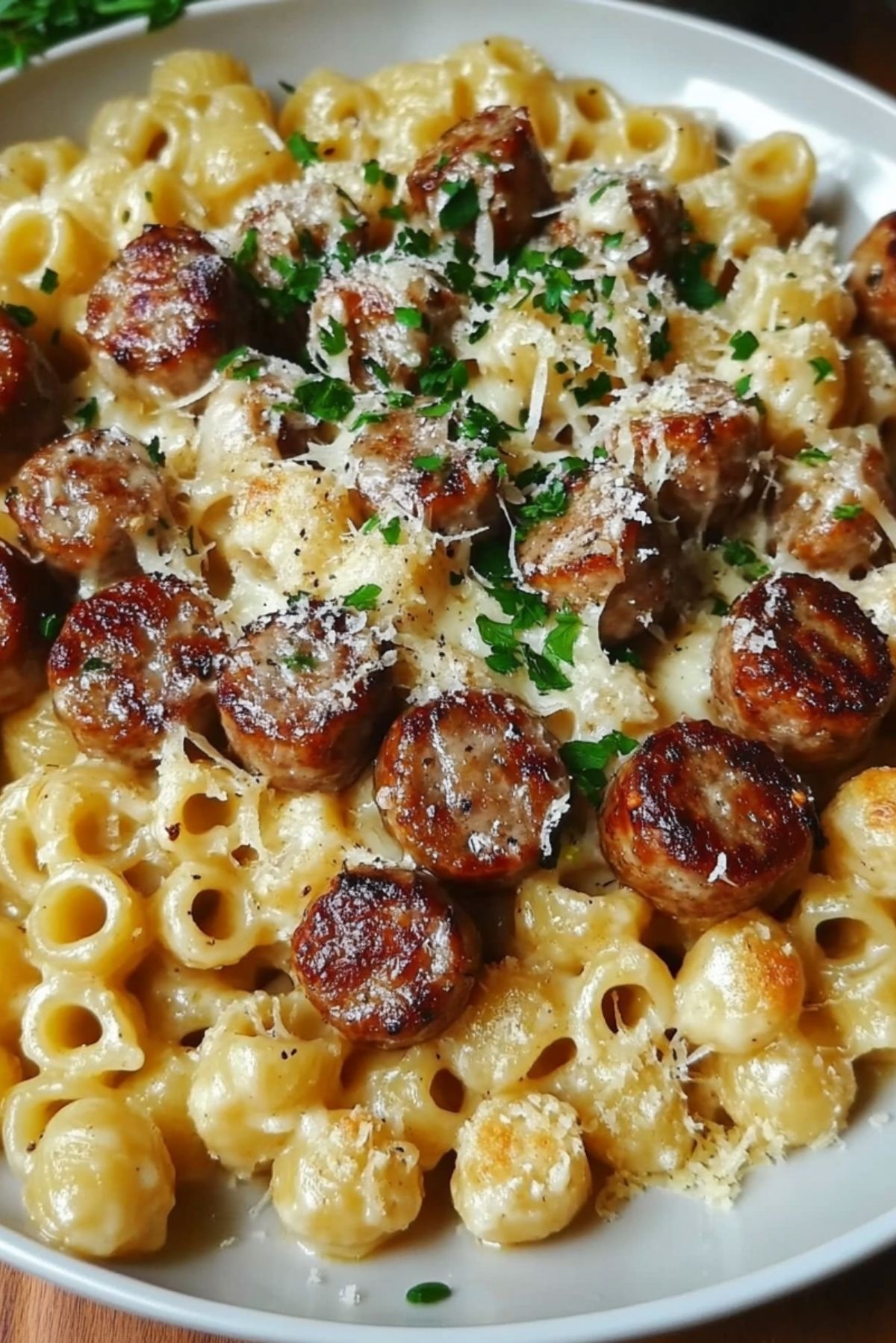 Garlic Butter Sausage Bites with Creamy Parmesan Pasta