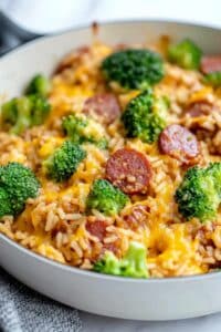 Cheesy Kielbasa Rice and Broccoli Skillet