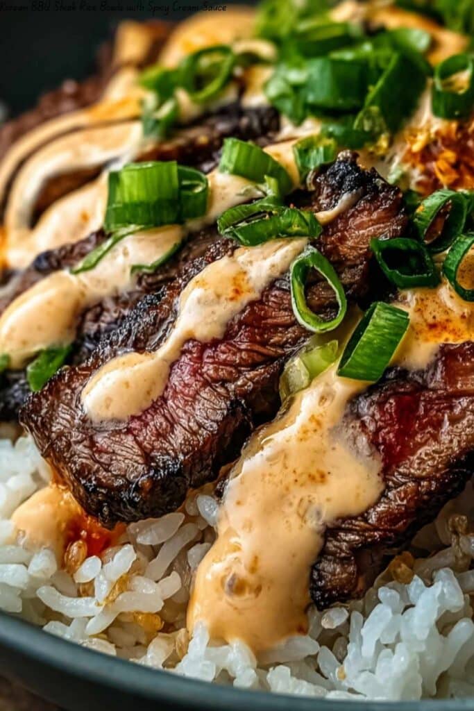 Korean BBQ Steak Rice Bowls with Spicy Cream Sauce