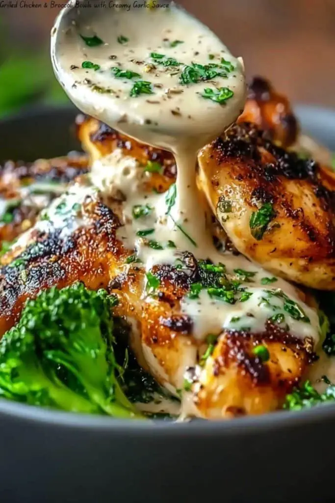 Grilled Chicken & Broccoli Bowls with Creamy Garlic Sauce 4 Grilled Chicken & Broccoli Bowls with Creamy Garlic Sauce