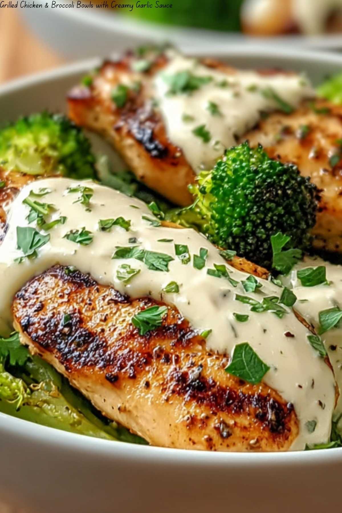 Grilled Chicken & Broccoli Bowls with Creamy Garlic Sauce